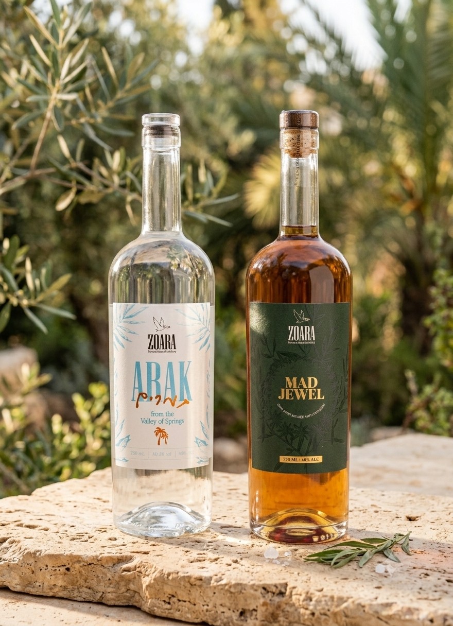 שני בקבוקי מזקקת ZOARA על אבן טבעית — ערק תמרים ישראלי ו-MAD JEWEL תזקיק אניסי, עמק המעיינות